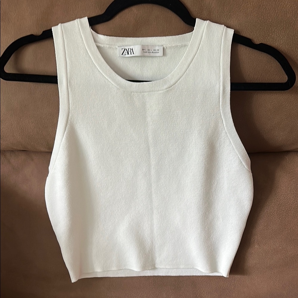 Zara White Knit Sleeveless Fitted Crop Tank Top